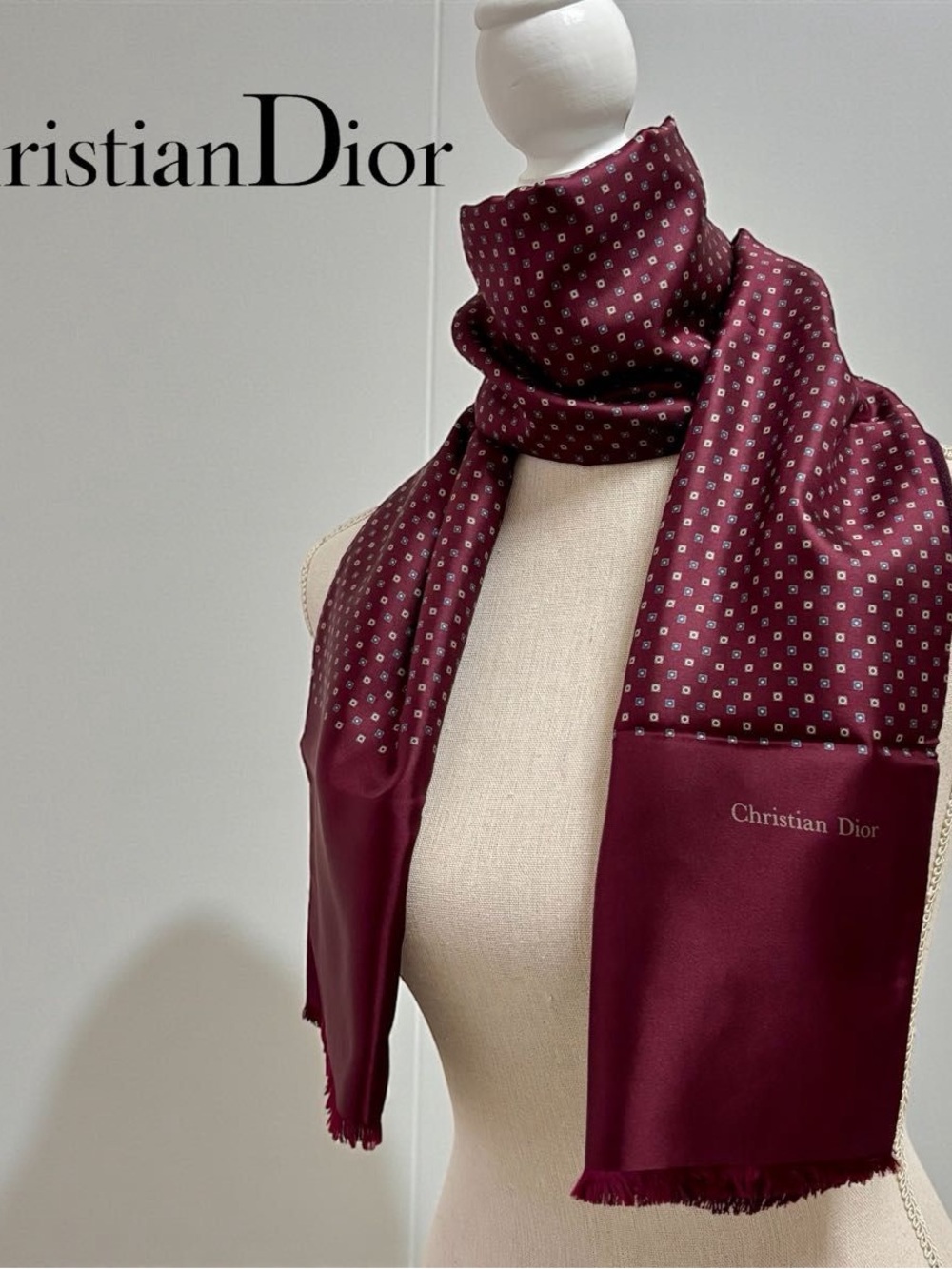 Dior Maroon Silk Logo & Dot Print Scarf